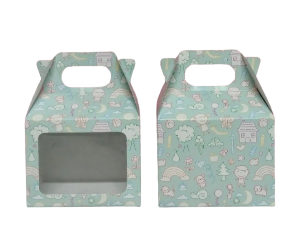Caja impresa con manija maletin con visor lateral. 13X9X10 motivo infantil 